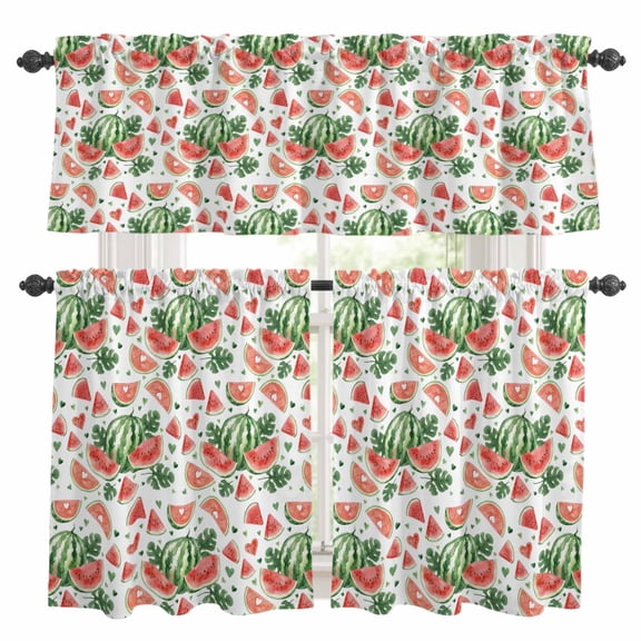 Summer Fruit Kitchen Curtains Set for Windows, Watercolor Watermelon Slice Green Leaf Farmhouse Curtains Valance and Tier 3 Piece Set Small Drapes 36 Inch Length for Kitchen Bedroom Decor