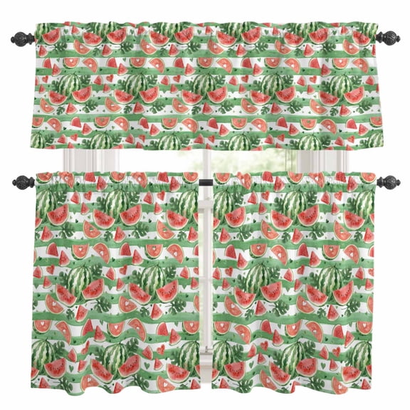 Summer Fruit Kitchen Curtains Set for Windows, Watercolor Watermelon Slice Green Stripes Farmhouse Curtains Valance and Tier 3 Piece Set Small Drapes 24 Inch Length for Kitchen Bedroom Decor