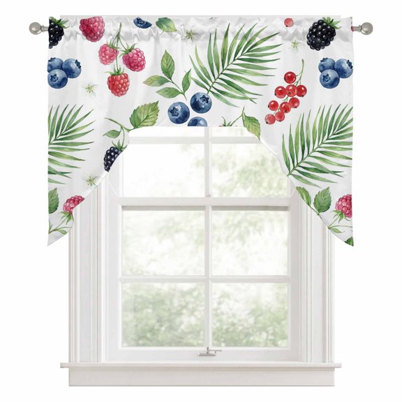 Summer Fruit Kitchen Curtains Swag Valance for Windows/Bathroom/Cafe, Spring Botanical Blueberry Raspberry Leaves Rod Pocket Drape Panel Swag Curtains Valance for Bedroom/Living Room 56"x36"