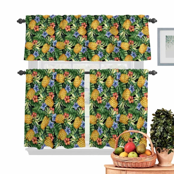 Summer Fruit Kitchen Curtains Valances 3 Piece Set, Tropical Plants Purple Flowers Pineapple Rod Pocket Tier Curtain and Valance Drapes for Small Window 24 Inch Length for Bedroom Cafe