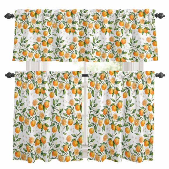 Summer Fruit Kitchen Curtains Valances and Tiers Set of 3 Watercolor Orange Flower Farmhouse Country Tier Curtains and Valance with Rod Pocket for Small Windows, 27.5"x24"