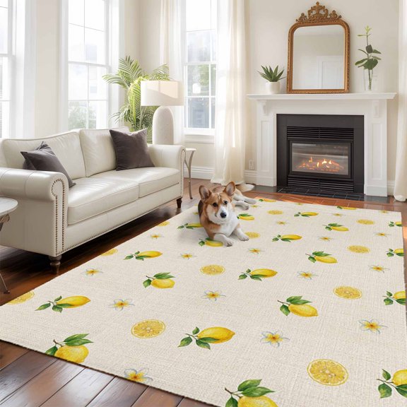 Summer Fruit Large Area Rugs 5x8 ft Watercolor Yellow Lemon Rustic Flower Plate Linen Texture Washable Rug Non Slip Indoor Carpet Absorbent Floor Mat for Living Room Bedroom Dining Room