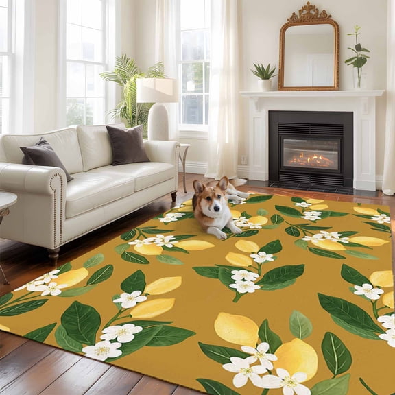 Summer Fruit Large Area Rugs 8x10 ft Watercolor Yellow Lemon Rustic Flower Dark Yellow Washable Rug Non Slip Indoor Carpet Absorbent Floor Mat for Living Room Bedroom Dining Room