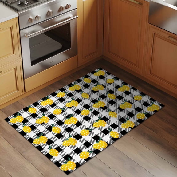 Summer Fruit Lemon 2x3 Rug for Entryway Front Door Kitchen Sink Area, Sweet Summer Black White Plaid Low Pile Washable Non Slip Rectangle Area Rug
