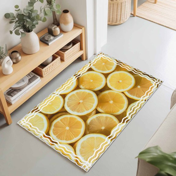 Summer Fruit Lemon Slices Rectangle Area Rug 2x3ft,Living Room Rug Non-Slip Washable Circle Rugs Pad,White Wave Stripes Soft Floor Carpet for Bedroom Dining Room