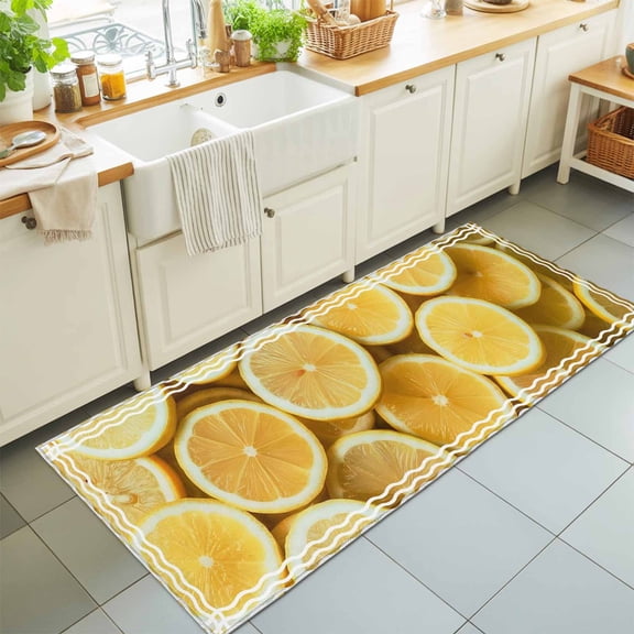 Summer Fruit Lemon Slices Rectangle Area Rug 2x6ft,Living Room Rug Non-Slip Washable Circle Rugs Pad,White Wave Stripes Soft Floor Carpet for Bedroom Dining Room