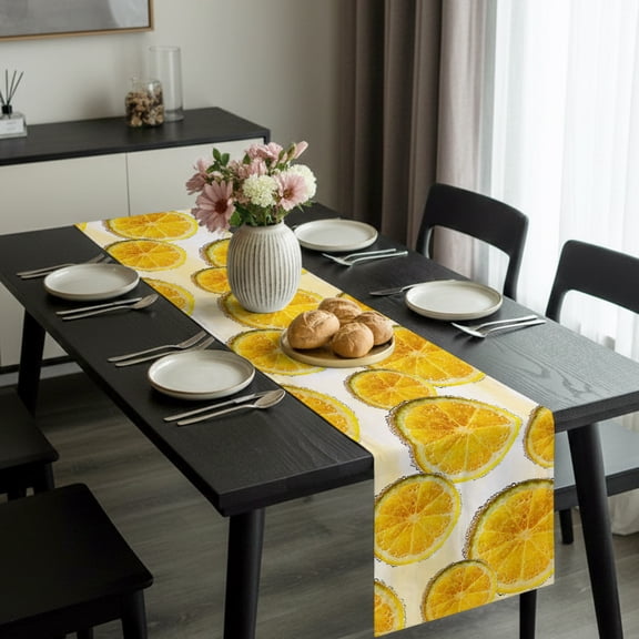 Summer Fruit Lemon Slices Table Runner 36 Inches Long,Kitchen Dining Tablerunners Kitchen Yellow White Linen Table Runners Dresser Scarves for Home Dinner Wedding Holiday Party Decor