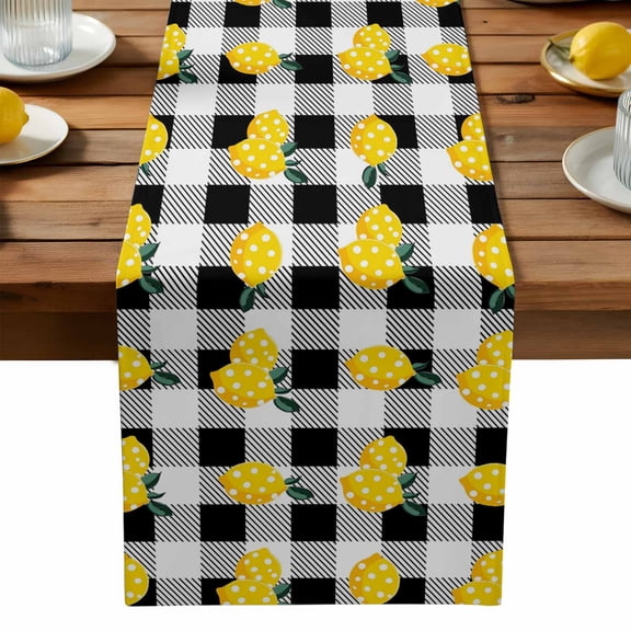 Summer Fruit Lemon Table Runner, Sweet Summer Black White Plaid Washable Kitchen Table Runners Dress Scarves for Dining Table Decorations Party, 13x36in