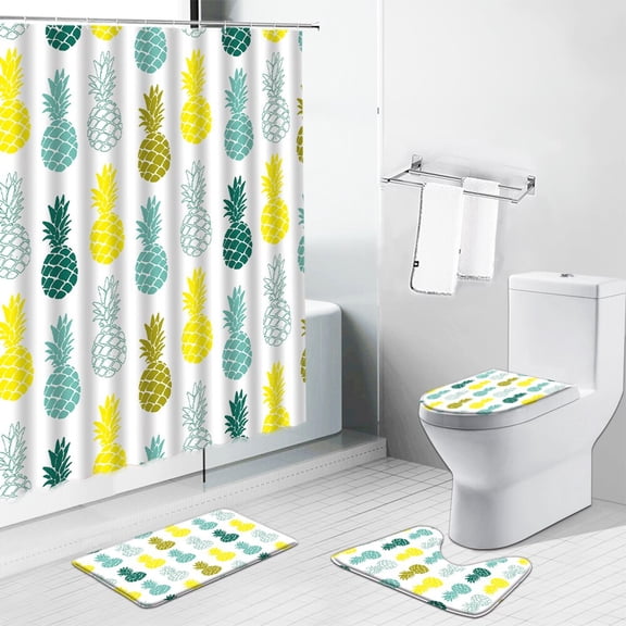 Summer Fruit Orange Cartoon Shower Curtains Pineapple Lemon Apple Strawberry Bathroom Decor Toilet Cover Rug Non-Slip Bath Mat