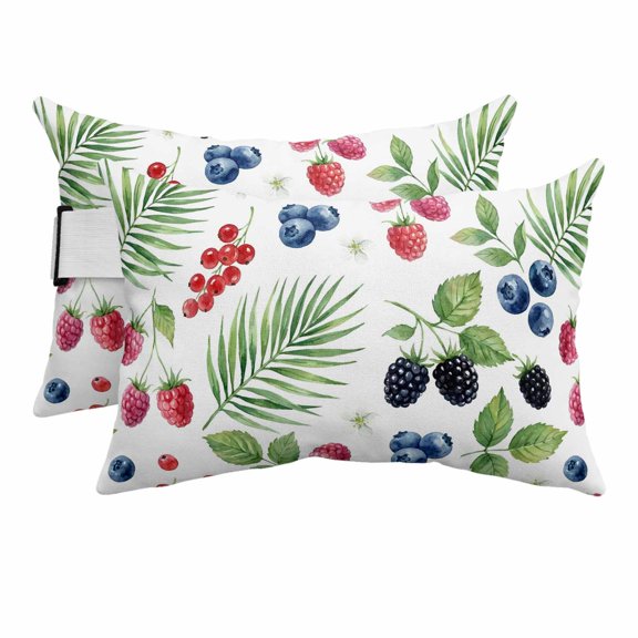 Summer Fruit Outdoor Pillows for Chaise Lounge Chair Beach Headrest Pillow Set of 2 Waterproof Lumbar Pillows with Insert&Strap Spring Botanical Blueberry Raspberry Leaves Pool Pillow 11"x16"