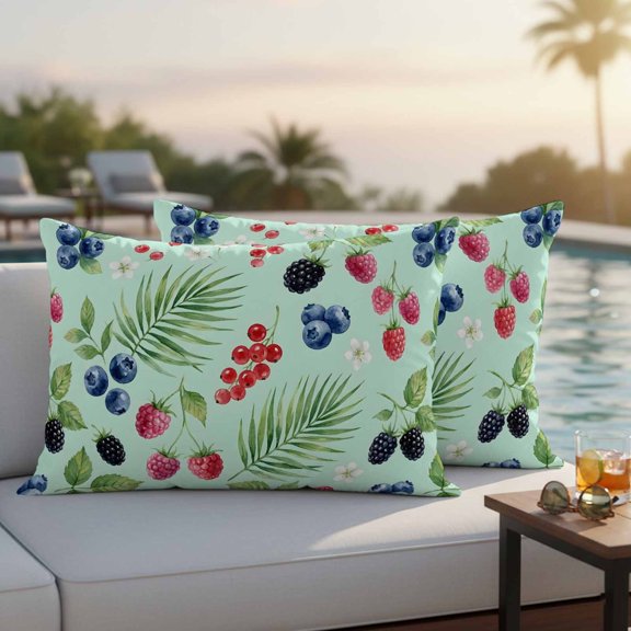 Summer Fruit Outdoor Waterproof Throw Pillow Covers Set of 2, 20"x12", Blueberry White Flowers Green Leaf Red Raspberry Decorative Pillow Covers Outside Cushion Case for Patio Porch Garden