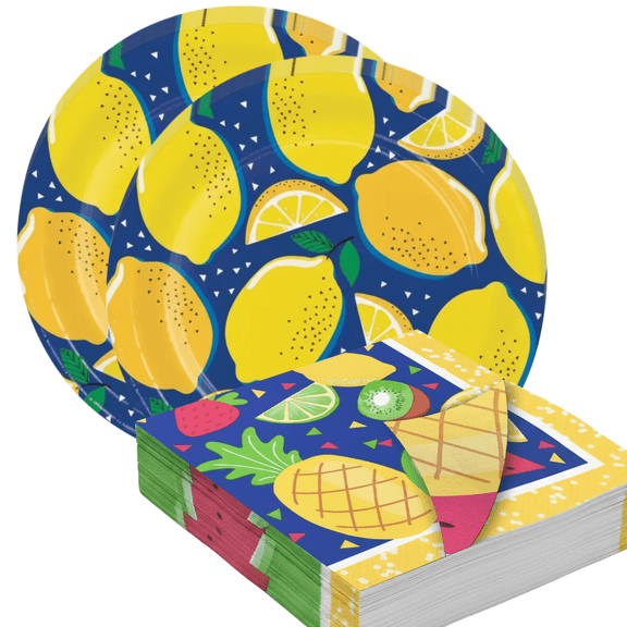 Summer Fruit Paper Plates and Napkins Set 20 pcs Lemon Dinner Plates with 50 pcs Double-Sided Mixed Fruit Napkins, Disposable Tableware for Summer Parties, Picnic & BBQ