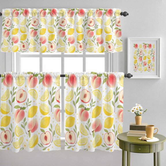 Summer Fruit Peaches Lemons Curtain Tier and Valance Set 3 Piece, Watercolor Plants 3-inch Rod Pocket Window Tier Curtains Valance for Kitchen Living Room