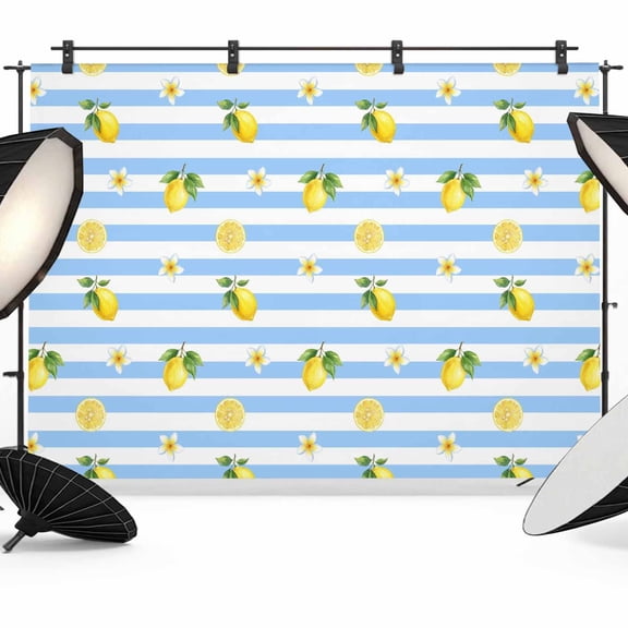 Summer Fruit Photography Backdrop 7x5FT, Watercolor Yellow Lemon Rustic Flower Plate Blue Stripes Photo Backdrops, Background for Photography Studio Photo Studio Background, Back Drop for Photoshoot