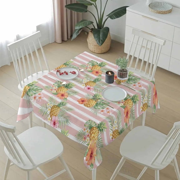 Summer Fruit Pineapple Table Cloth 54x54in, Waterproof Square Tablecloth Wipeable Tablecloths Pink White Striped Background Table Covers for Dining Tables Party Indoor Outdoor