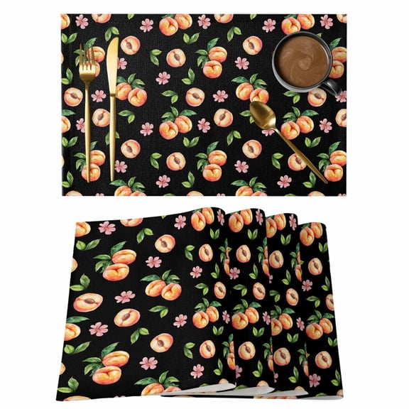 Summer Fruit Placemats Set of 1, Peaches Pink Flower Black Background Non-Slip Place Mats Washable Table Mats for Kitchen Dining Table Decorations Indoor/Outdoor