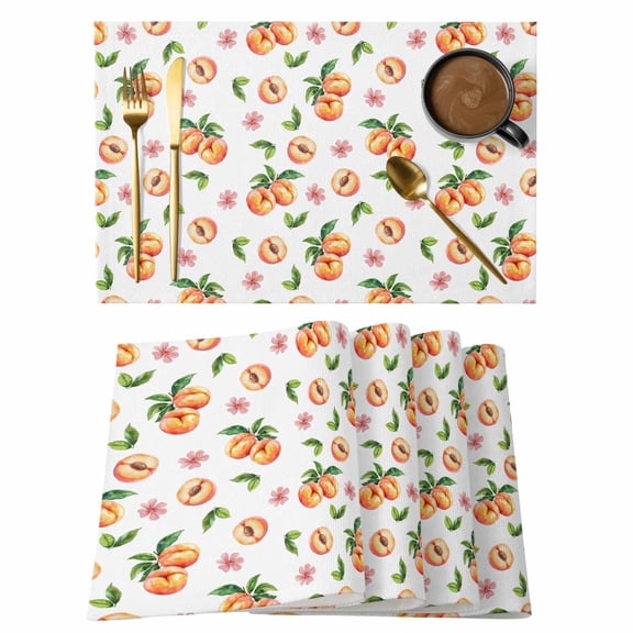 Summer Fruit Placemats Set of 1, Peaches Pink Flower White Background Non-Slip Place Mats Washable Table Mats for Kitchen Dining Table Decorations Indoor/Outdoor