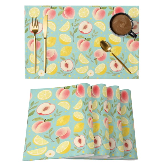 Summer Fruit Placemats Set of 4 Spring Botanical Lemon Peach Green Place Mats Indoor Wipeable Table Mats Washable Cloth Dining Table Placemats for Kitchen Holiday Party Home Decor 13x19 Inch