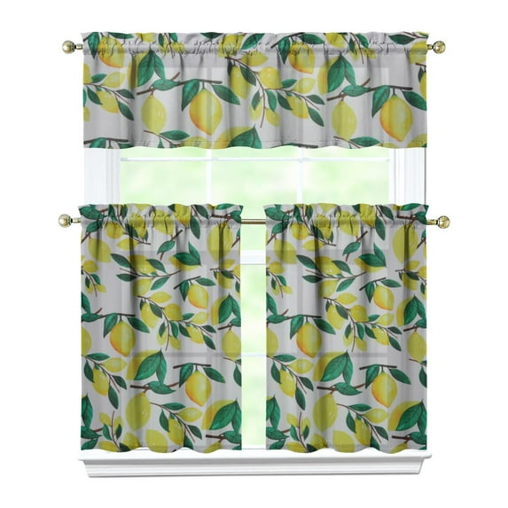 Summer Fruit Print Kitchen Curtains Set - Refreshing Lemon Yellow Tier Curtains, Modern Farmhouse Decor