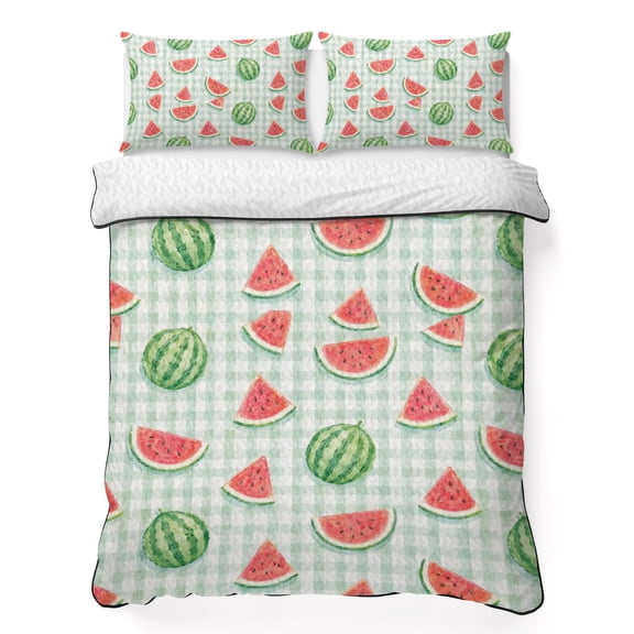 Summer Fruit Queen Quilt Bedding Set, Country Farm Picnic Watermelons Green Plaid Gingham Lightweight Comforter with 2 Pillow Shams Bedroom Bedspread Set Home Decor for All Seasons