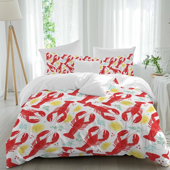 Summer Fruit Queen Size Comforter Set, Red Lobsters Watercolor Lemon Slices Green Leaves Bedding for All Seasons, 4 Pcs Bed Set, 1Quiltcover (90"x92") ,1Sheet(94"x116"), 2Pillowcases (30"x20")