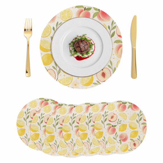 Summer Fruit Round 13 Inch Placemats Set of 6, Spring Botanical Lemon Peach Rustic HeatResistant Non Slip Place Mats for Dining Table, Wipeable Braided Kitchen Table Mats for Housewarming