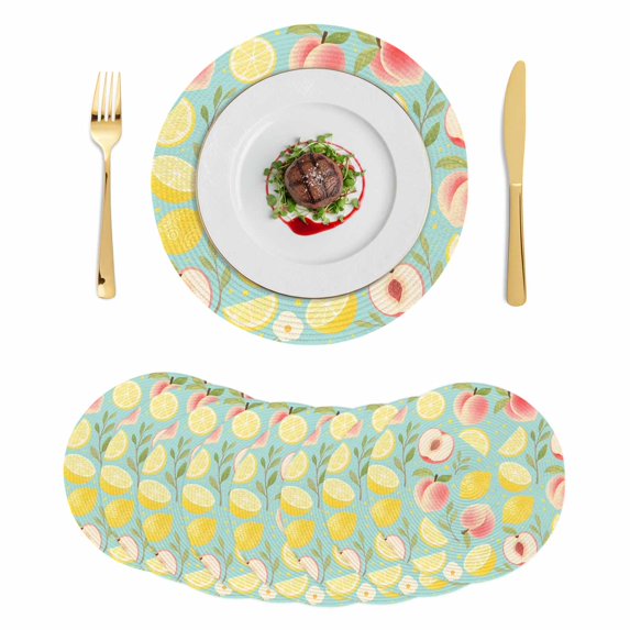Summer Fruit Round 15 Inch Placemats Set of 8, Spring Botanical Lemon Peach Green HeatResistant Non Slip Place Mats for Dining Table, Wipeable Braided Kitchen Table Mats for Housewarming