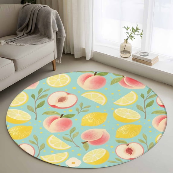 Summer Fruit Round Area Rug 3.3Ft Washable Circle Rugs for Dining Room Table, Spring Botanical Lemon Peach Green Non-Slip Carpet Floor Mats Indoor Outdoor Carpet Runner Aesthetic Home Decor