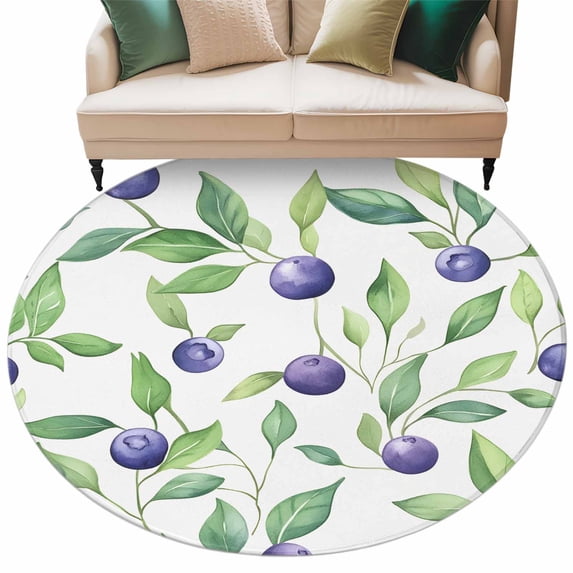 Summer Fruit Round Area Rug 5ft Washable Large Round Rug for Living Room, Soft Non-Slip Circle Rugs for Dining Room, Blue Berry Vintage Leaf Watercolor Green Floor Carpet for Bedroom Entryway Office