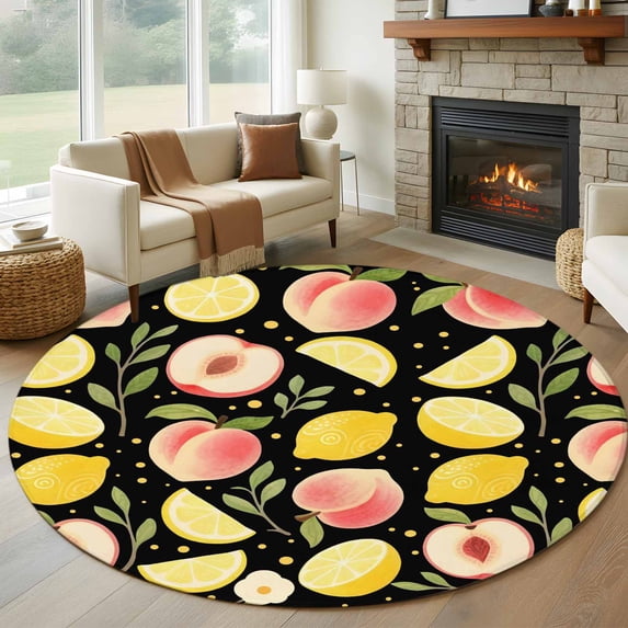 Summer Fruit Round Area Rug 6Ft Washable Circle Rugs for Bathroom Office, Spring Botanical Lemon Peach Black Non-Slip Carpet Floor Mats Indoor Outdoor Carpet Runner Aesthetic Home Decor