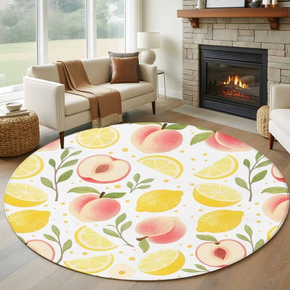 Summer Fruit Round Area Rug 8Ft Washable Large Circle Rugs for Living Room Dorm, Spring Botanical Lemon Peach Non-Slip Carpet Floor Mats Indoor Outdoor Carpet Runner Aesthetic Home Decor