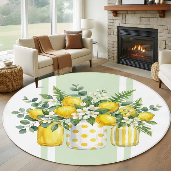 Summer Fruit Round Living Room Rugs 5 ft, Watercolor Lemon Flowers Green Eucalyptus Leaf Washable Area Rug with Non-Slip Sturdy Edge Binding Round Carpet for Entryway Kitchen Bedroom Bathroom