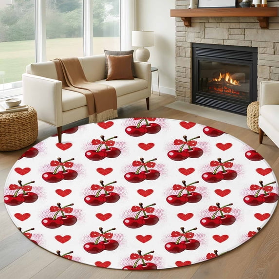 Summer Fruit Round Living Room Rugs 7 ft, Watercolor Cherry Red Love Heart Polka Dot Bow Washable Area Rug with Non-Slip Sturdy Edge Binding Round Carpet for Kitchen Office Bedroom