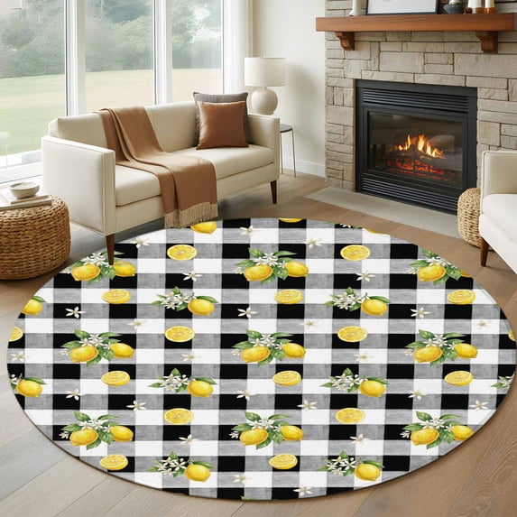 Summer Fruit Round Living Room Rugs 8 ft, Watercolor Yellow Lemon Rustic Flower Black White Plaid Washable Large Area Rug with Non-Slip Sturdy Edge Binding Round Carpet for Dining Room Kitchen Office
