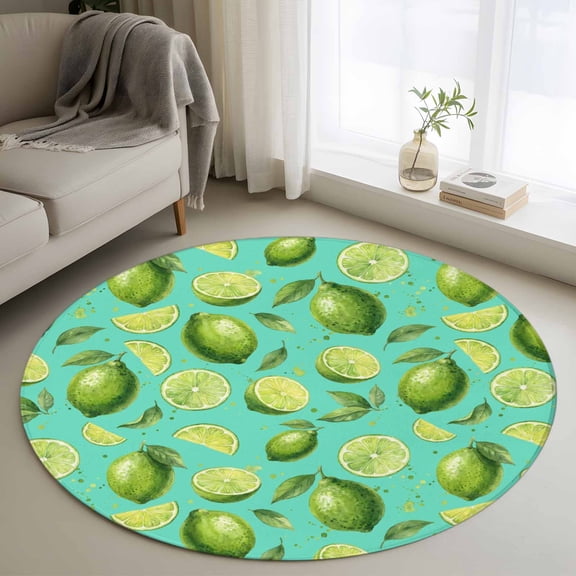 Summer Fruit Round Rugs for Living Room 3ft Watercolor Green Lemon Lime Slice Leaf Rustic Teal Non Slip Circle Rug Washable Low-Profile Indoor Carpet for Bedroom, Dining Room, Bathroom