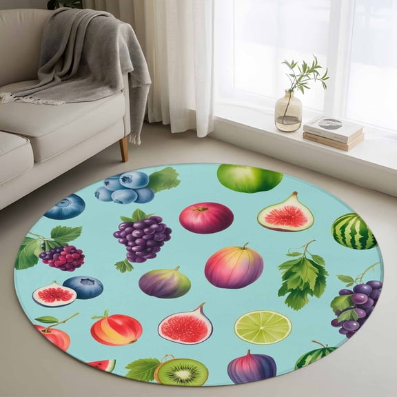 Summer Fruit Round Rugs for Living Room 3ft Watercolor Lemon Slice Blueberry Rustic Watermelon Non Slip Circle Rug Washable Low-Profile Indoor Carpet for Bedroom, Dining Room, Bathroom