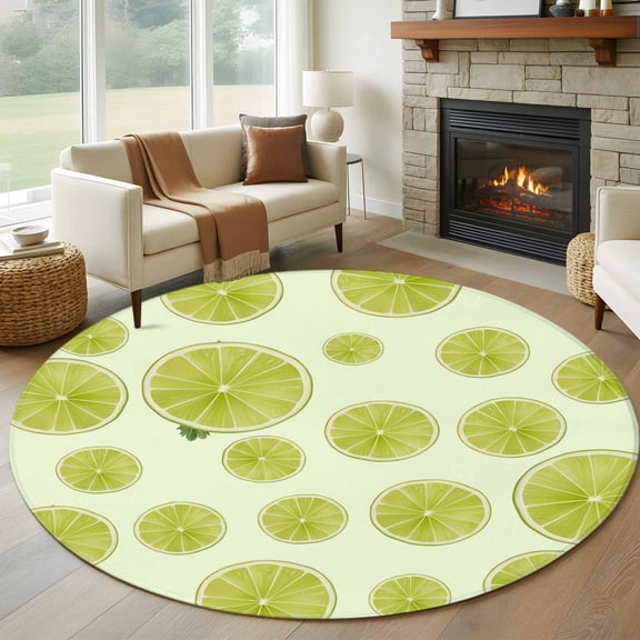 Summer Fruit Round Rugs for Living Room 7ft Watercolor Green Lemon Slice Beige Background Non Slip Circle Rug Washable Low-Profile Indoor Carpet for Bedroom, Dining Room, Bathroom