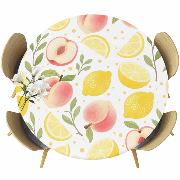 Summer Fruit Round Tablecloth 45-54 Inch Round Fitted Table Cloth with Elastic Edge, Spring Botanical Lemon Peach Waterproof Table Cover Protector for Outdoor Picnic Party Dining