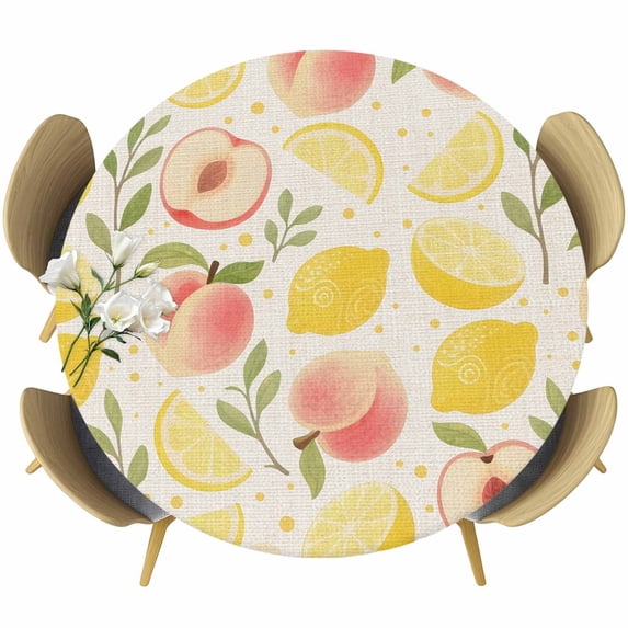 Summer Fruit Round Tablecloth 55-60 Inch Round Fitted Table Cloth with Elastic Edge, Spring Botanical Lemon Peach Rustic Waterproof Table Cover Protector for Outdoor Picnic Party Dining