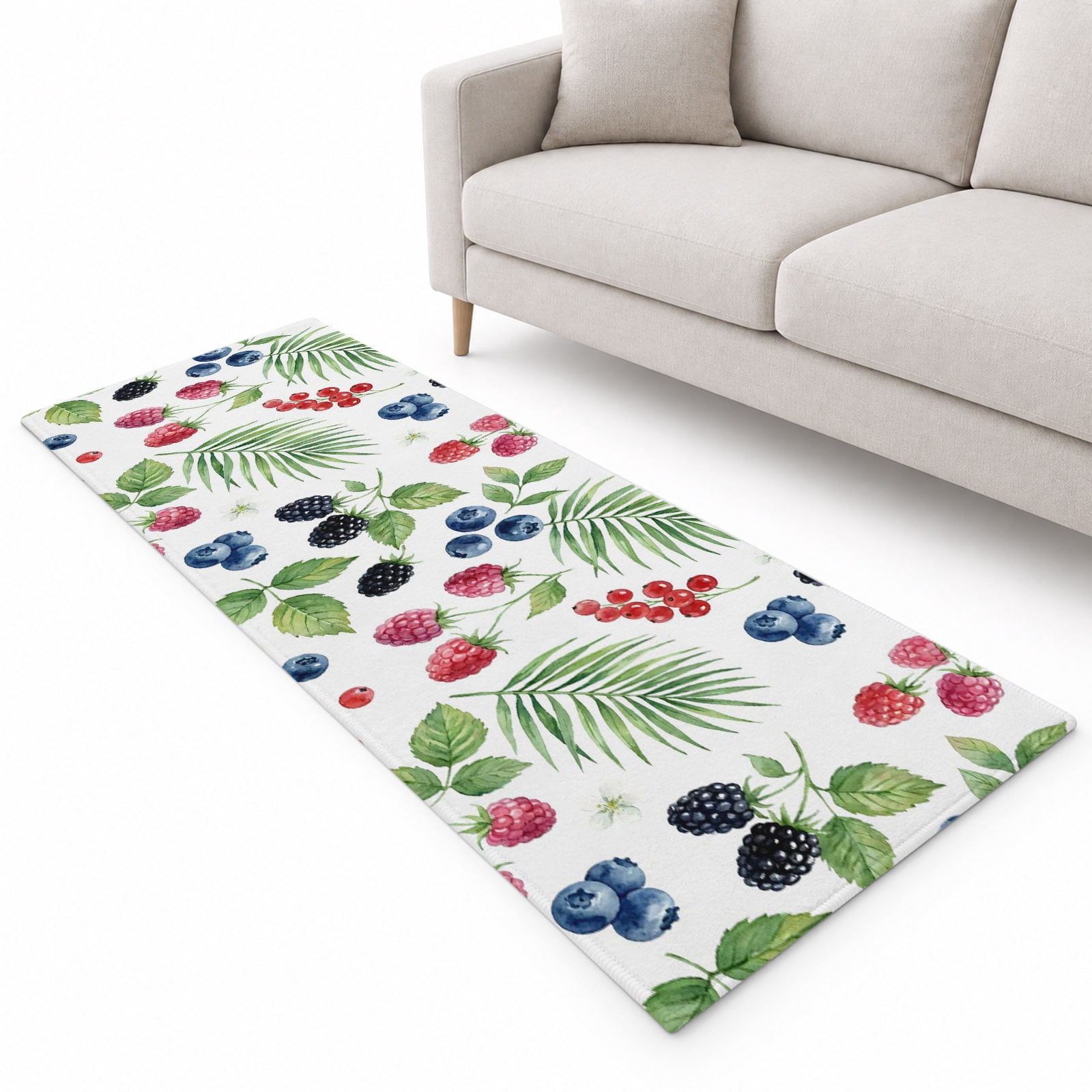 Summer Fruit Runner Rug 2'x6', Blueberry White Flowers Red Raspberry ...