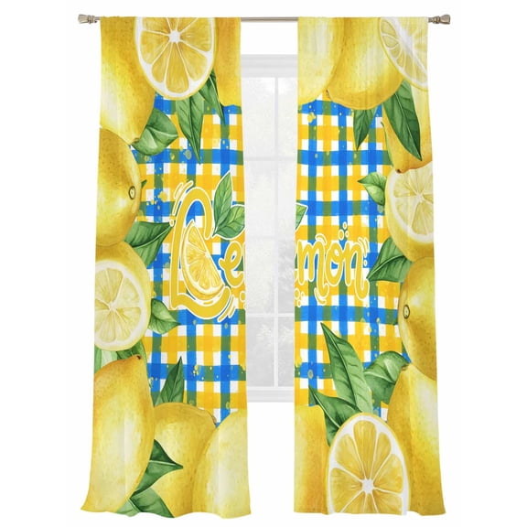 Summer Fruit Sheer Curtains 2 Panels Set Watercolor Lemon Frame Letter Print Blue Yellow Plaid Sheer Window Curtains Light Filtering Rod Pocket Voile Drapes for Bedroom Living Room 52"X96"