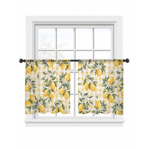 Summer Fruit Sheer Curtains 2 Panels Set Watercolor Lemon White Flowers Rustic Yellow Plaid Sheer Window Curtains Light Filtering Rod Pocket Voile Drapes for Bedroom Living Room 52"x54"
