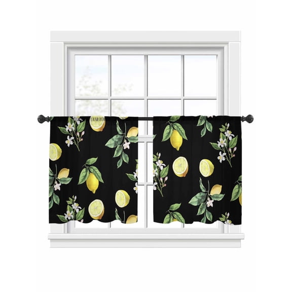 Summer Fruit Sheer Curtains 2 Panels Set Watercolor Yellow Lemon Rustic Farmhouse Leaves Black Sheer Window Curtains Light Filtering Rod Pocket Voile Drapes for Bedroom Living Room 52"x54"