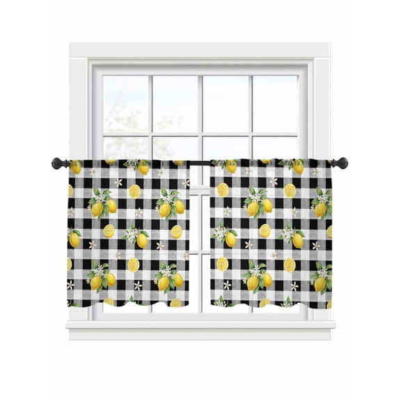 Summer Fruit Sheer Curtains 2 Panels Set Watercolor Yellow Lemon Rustic Flower Black White Plaid Sheer Window Curtains Light Filtering Rod Pocket Voile Drapes for Bedroom Living Room 52"x54"