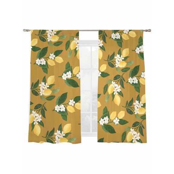 Summer Fruit Sheer Curtains 2 Panels Set Watercolor Yellow Lemon Rustic Flower Dark Yellow Sheer Window Curtains Light Filtering Rod Pocket Voile Drapes for Bedroom Living Room 52"x63"