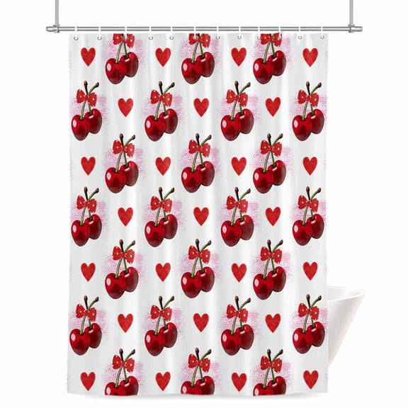 Summer Fruit Shower Curtain, 72" x 72", Watercolor Cherry Red Love Heart Polka Dot Bow Waterproof Bathroom Curtain Washable Shower Curtain Set with 12 Hooks