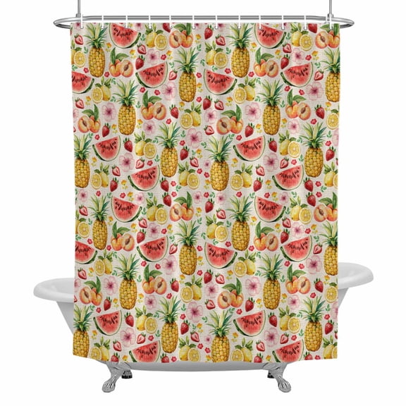 Summer Fruit Shower Curtain for Bathroom, Strawberry Watermelon Pineapple Vintage Linen Waterproof Cloth Fabric Bathroom Accessories Set with 12 Rust Proof Plastic Hooks, 36"x72"