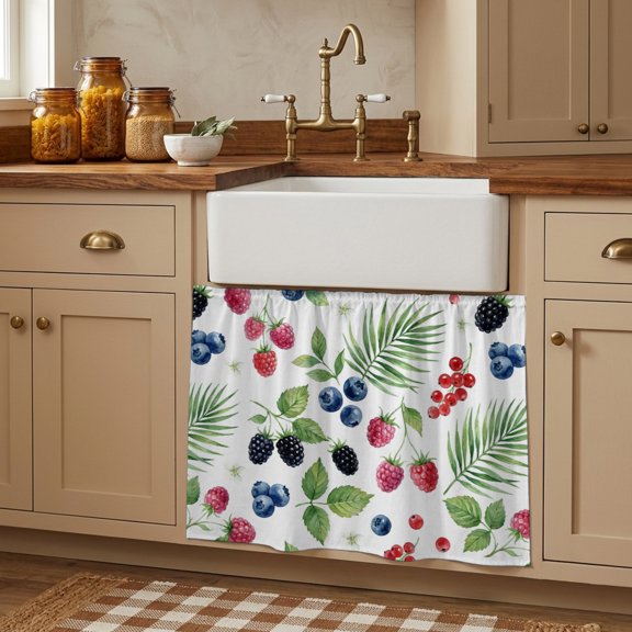 Summer Fruit Small Cabinet Curtains 10"W x 11"L, Spring Botanical Blueberry Raspberry Leaves Sink Skirt Dust-Proof Short Curtain for Bathroom Vanity Storage Cubby Desk, Self Adhesive Privacy Drapes