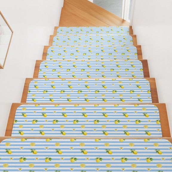 Summer Fruit Stair Treads Non Slip for Steps Watercolor Yellow Lemon Rustic Flower Plate Blue Stripes 15 Pcs Reusable Adhesive Stair Runner Mats for Pet Carpet Treads Rugs for Staircase 8x30 In