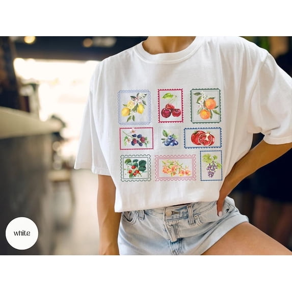 Summer Fruit Stamp T-Shirt, Vintage Postage Tee, Cottagecore Gardening Shirt, Farmer's Market Aesthetic, Trendy Summer Outfit